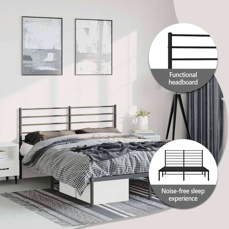 vidaXL Metal Bed Frame with Headboard, No Mattress