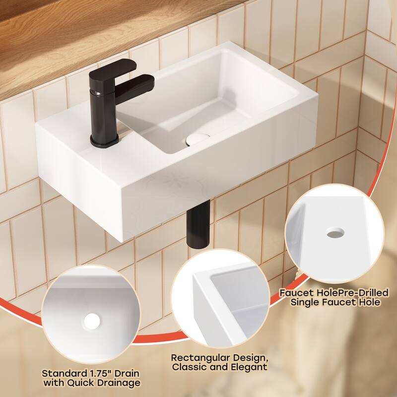 HOROW Left Hand White Ceramic Wall-Mounted Rectangle Vessel Sink Porcelain - N/A