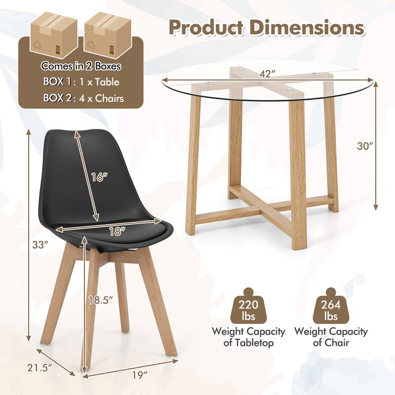 Gymax 5 PCS Dining Table Set for 4 w/ Solid Wood Legs Tempered Glass