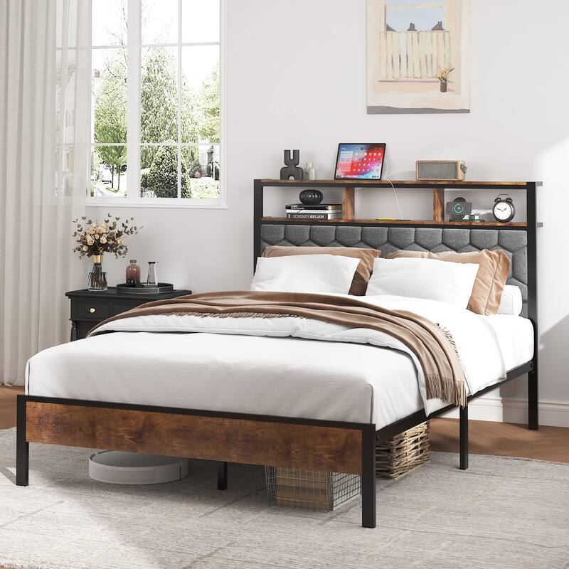 Roomfitters Wood Platform Bed Frame with Upholstered Headboard, Charging Station, No Box Spring Needed, Brown