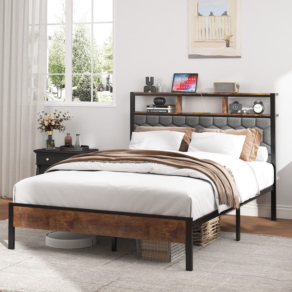 Roomfitters Wood Platform Bed Frame with Upholstered Headboard, Charging Station, No Box Spring Needed, Brown