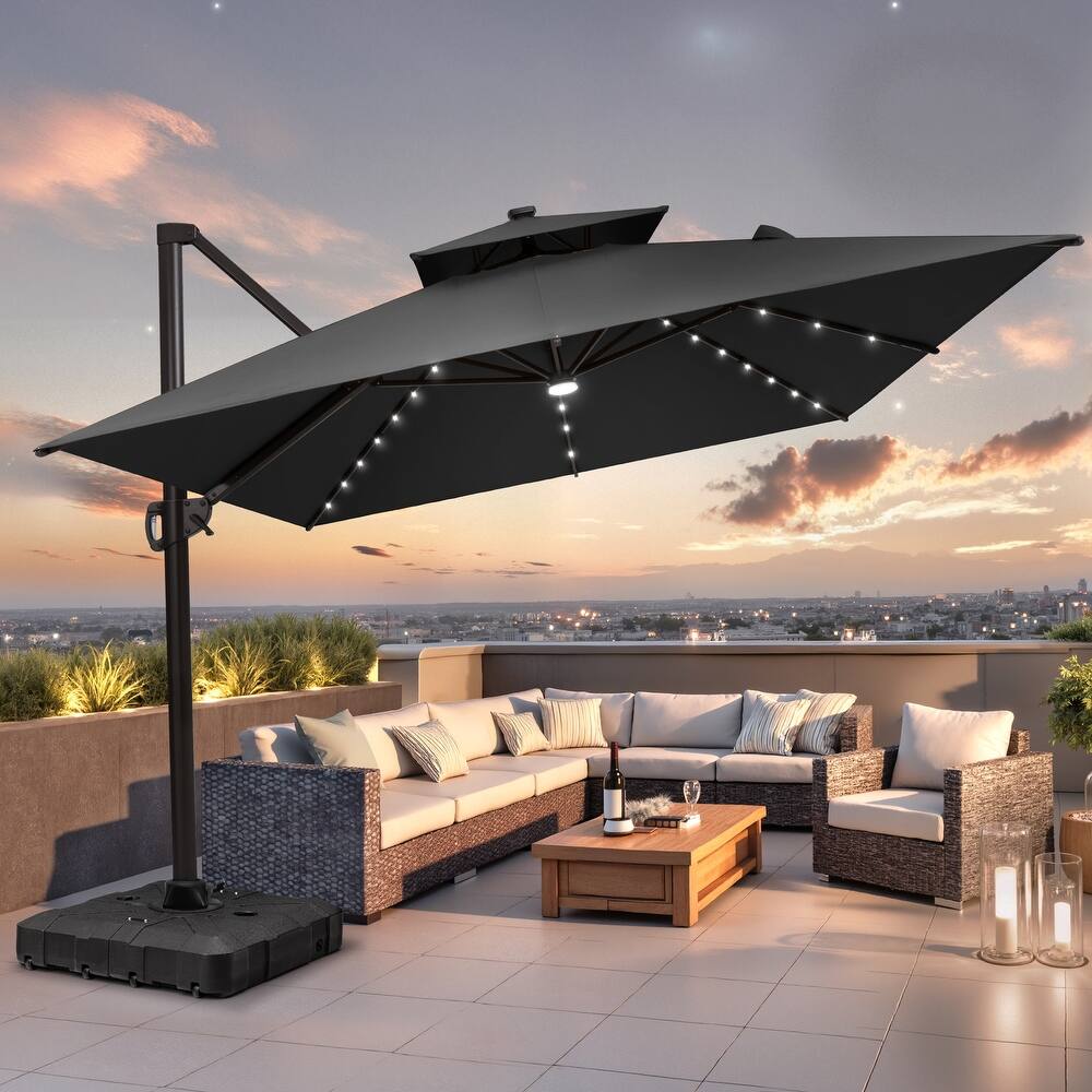 9 X 11 FT Outdoor Patio Cantilever Umbrella with Solar Lights All-Weather Wheeled Base Double Canopy 360 Rotation Tilt