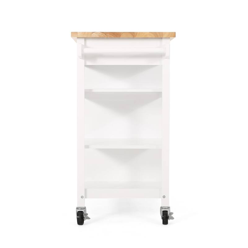 Alex Rolling Kitchen Island Bar Cart with Shelves, Brown Wood, White