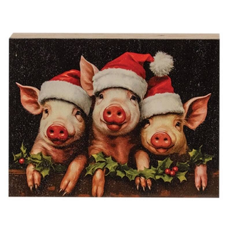 Santa Piggy Trio Wooden Block Christmas Decor Three Pigs in Santa Outfits for Holiday Tabletop and Mantel Displays - 6" x 4.5" - Black