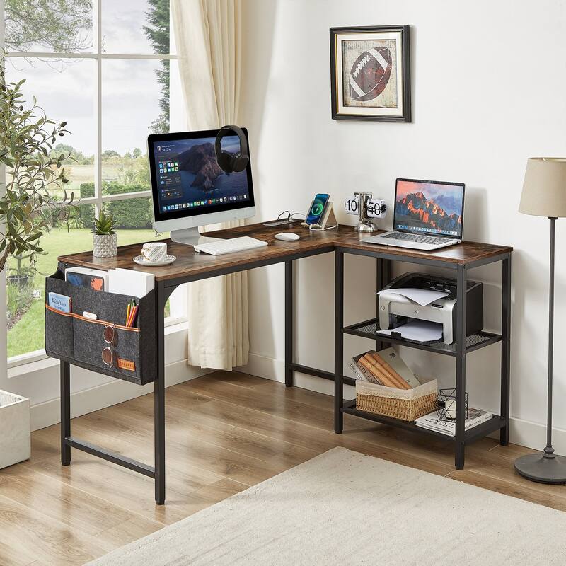 L Shaped Computer Desk with Reversible Side Storage Shelves, Small Corner Desk for Small Space Home Office,Writing Study Table