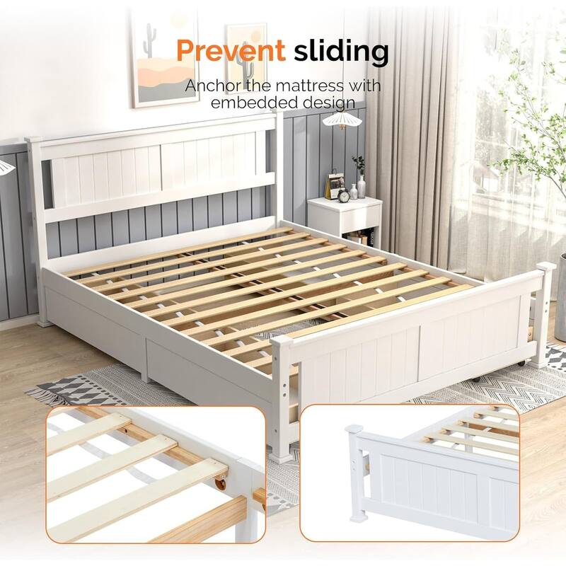 Wood Twin Size Bed Frame with 4 Storage Drawers, Solid Wood Platform Bed with Headboard