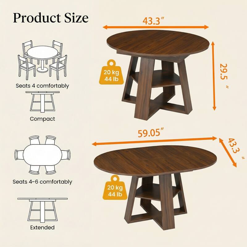 43"-59" Extendable Oval Dining Table with Storage Base, Modern Round to Oval Kitchen Table