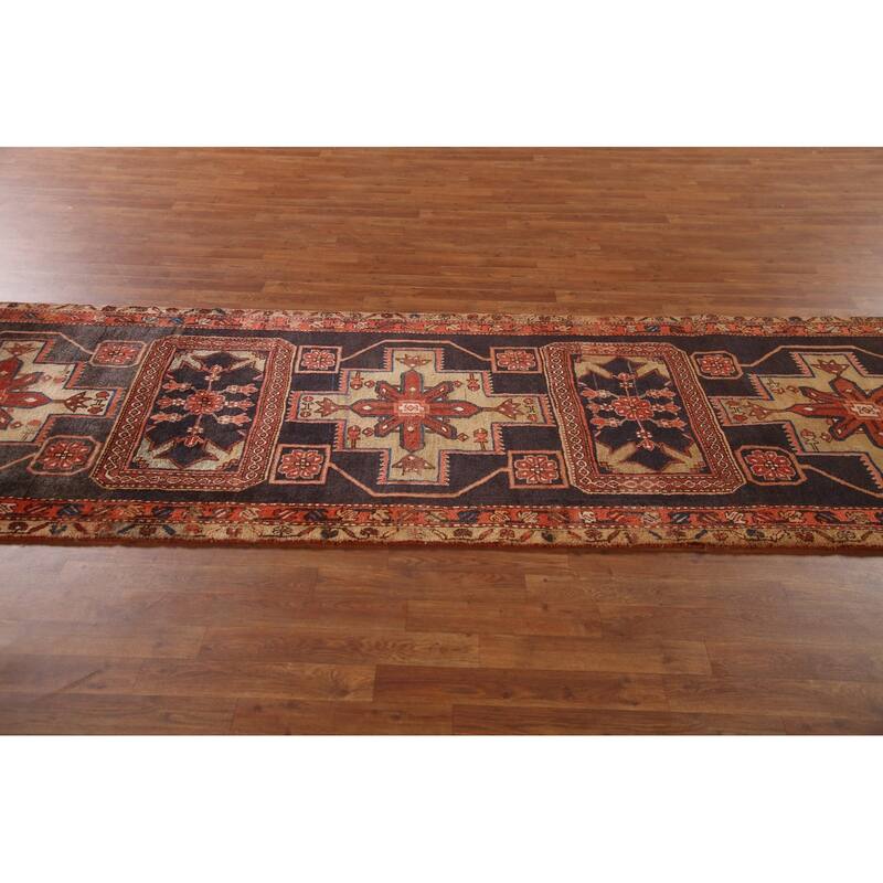 Blue Ardebil Persian Vintage Runner Rug Hand-knotted Wool Carpet - 3'6"x 11'1"