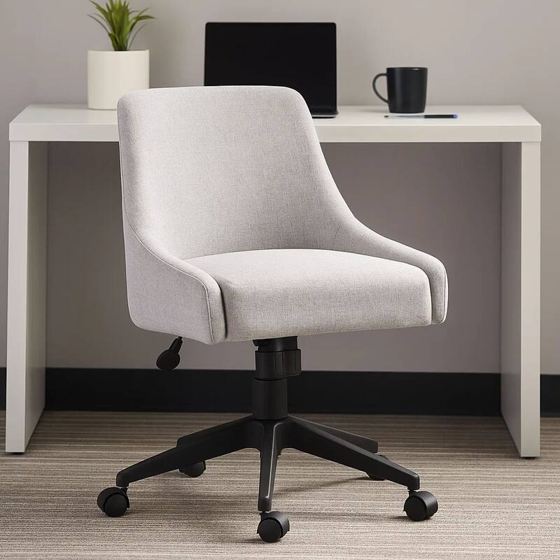 Boki Swivel Desk Chair, Light Gray Poly-Linen, Padded Curved Back