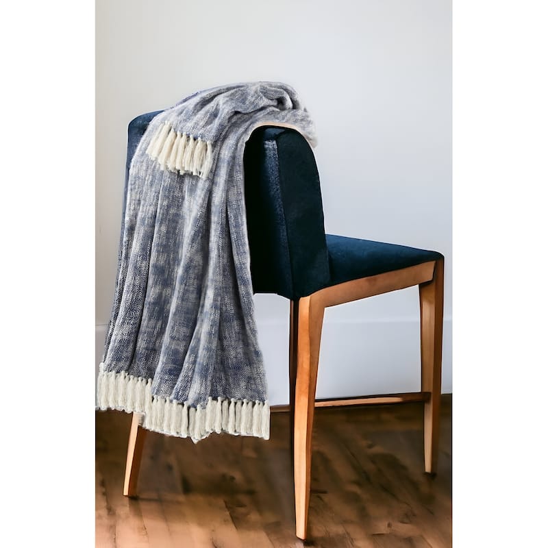 50" X 60" Blue and White Woven Cotton Throw Blanket with Fringe - Throw