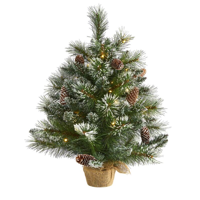 2ft. Frosted Pine Artificial Christmas Tree with 35 Clear LED Lights, Pinecones & Burlap Base - Petite Holiday X-Mas Accent