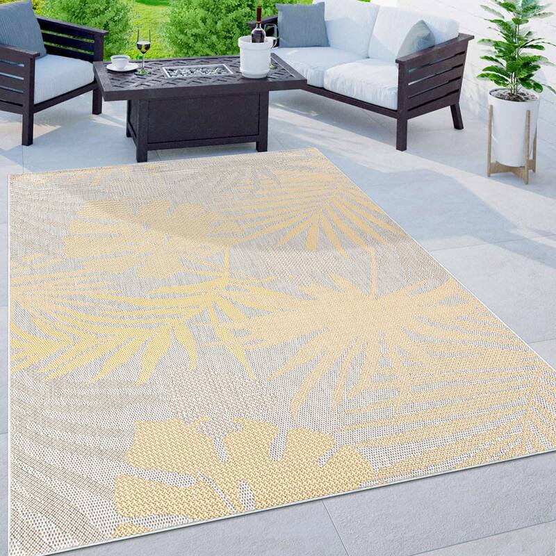 Contemporary Tropical Leaves Indoor/Outdoor Flatweave Waterproof Backyard Patio Area Rug