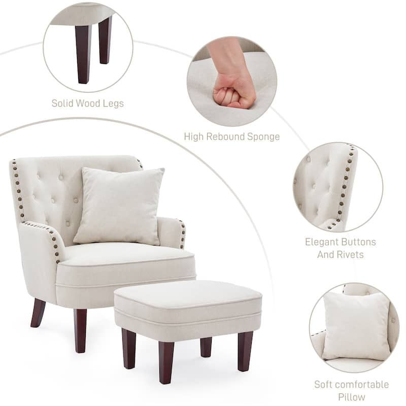 Club Chair Upholstered Button Tufted Accent Chair with Ottoman and Pillow