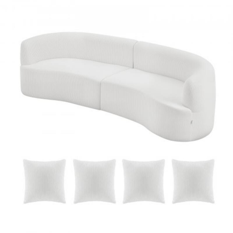 111.8” White Curved Sofa Couch Extra-Long 3-Person Seating with Corduroy and Foam Comfort - 40.16” x 111.8” x 30.7”
