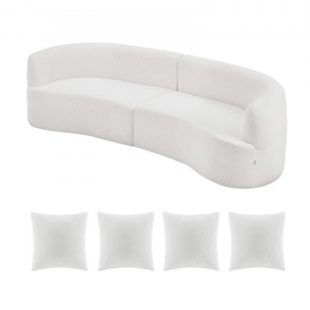 111.8” White Curved Sofa Couch Extra-Long 3-Person Seating with Corduroy and Foam Comfort - 40.16” x 111.8” x 30.7”