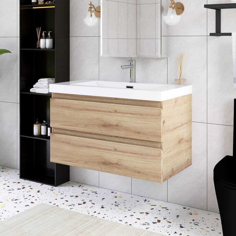 Angela Wall Mounted Bathroom Vanity in F. Oak with White Cultured Marble Top