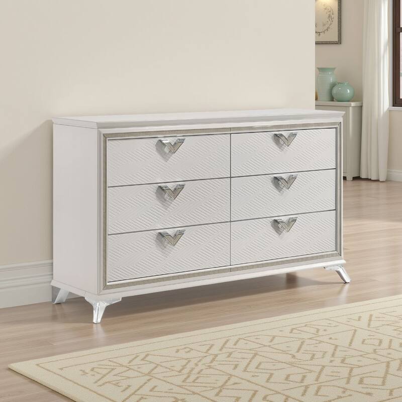 Dery 65 Inch Dresser, 6 Drawers Chrome Triangle Handle, White and Gold