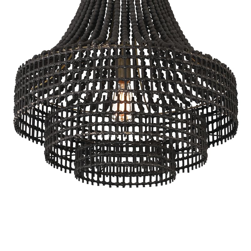 Metal, Rattan and Wood Bead Chandelier - 21.9"L x 21.9"W x 23.4"H