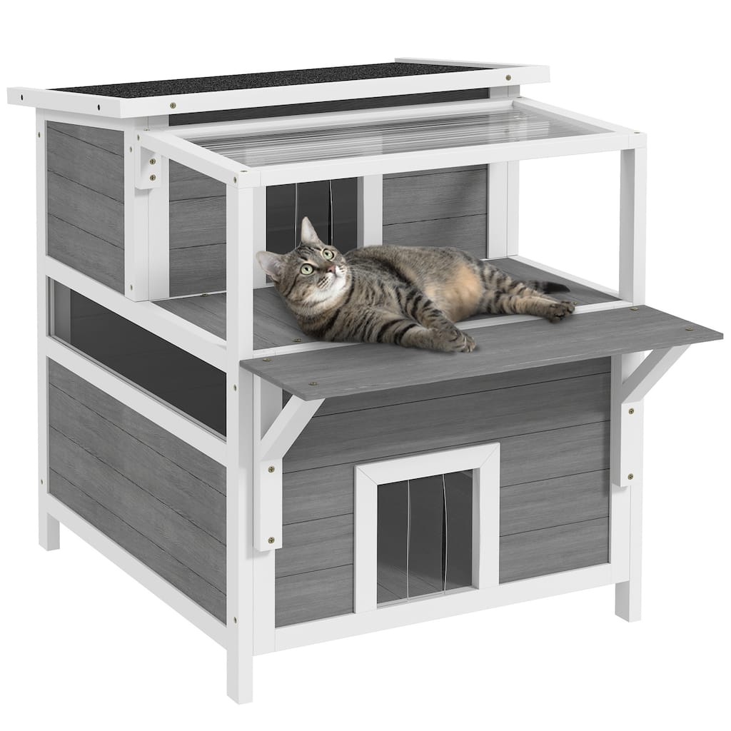 PawHut 2-Story Outdoor Cat House with Balcony, Weatherproof Feral Cat Shelter with Openable Top, Escape Door