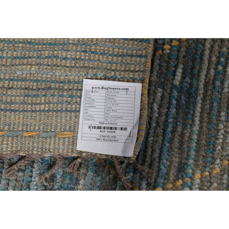 Trellis Blue Moroccan Oriental Runner Rug Hand-Knotted Wool Carpet - 4'0"x 12'3"