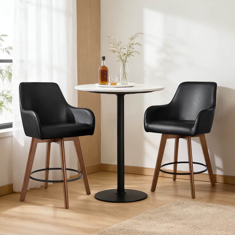 25 Inch Upholstered Swivel Counter Height Bar Stool with Armrests, Solid Wood Legs - 23.6"W x 22.4"D x 40.2"H