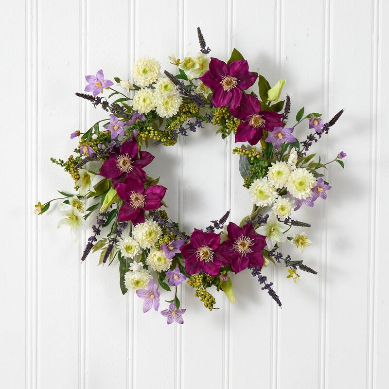Mixed Flower Artificial Wreath, 22-Inch, Unlit - Purple