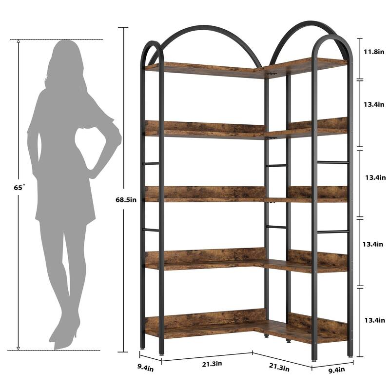 Corner Bookshelf, 5-Tier L-Shaped Modern Bookcase, Industrial Bookcase - Brown