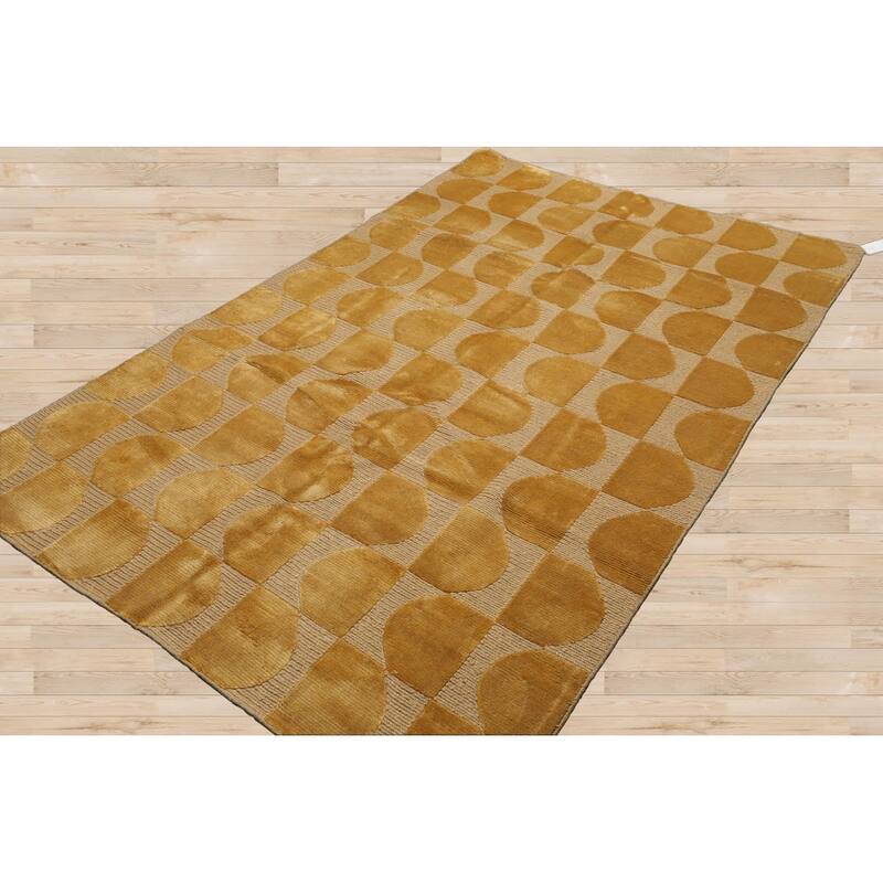 Hand Knotted Tone on Tone Gold, Tibetan Wool Modern Oriental Area Rug - 5' x 8'