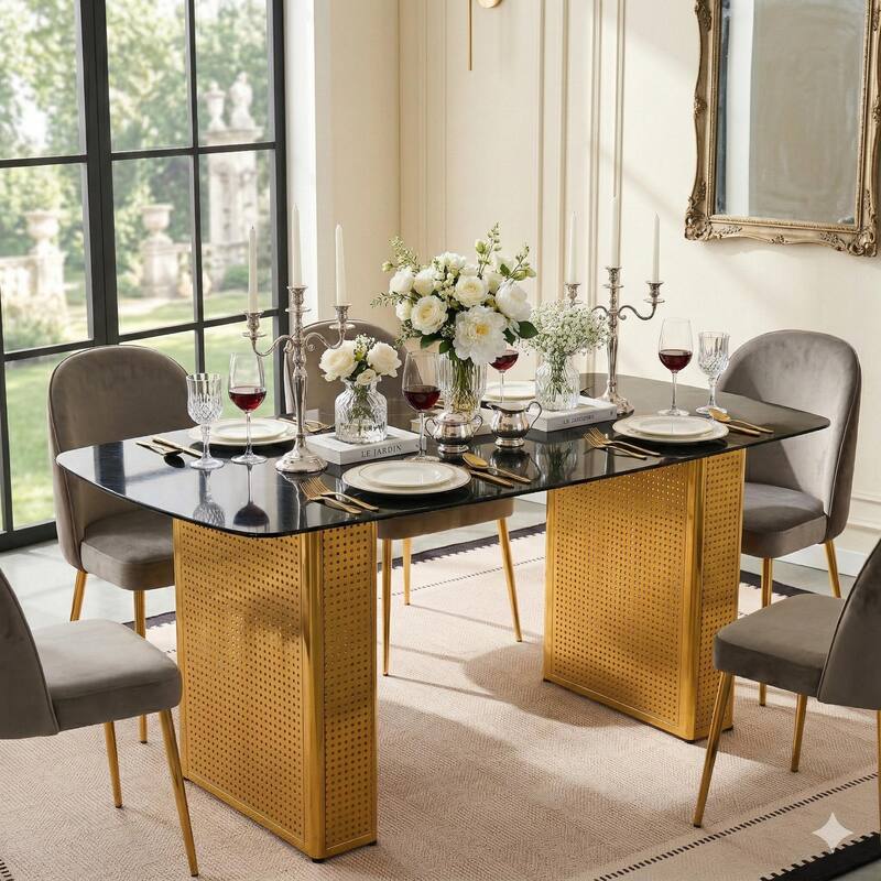 Modern Marble-Patterned Tempered Glass Dining Table, Rectangular Kitchen Table with Dual-Pedestal Metal Base
