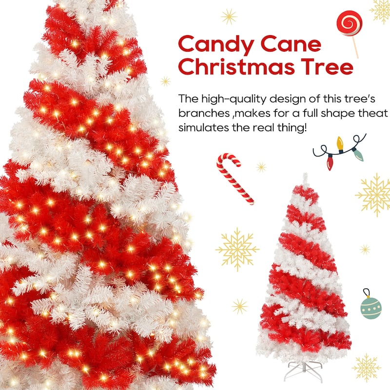 6FT Pre-Lit Candy Cane Artificial Christmas Tree with 300 LED Lights and 900 PVC Tips, Hinged Holiday Decoration
