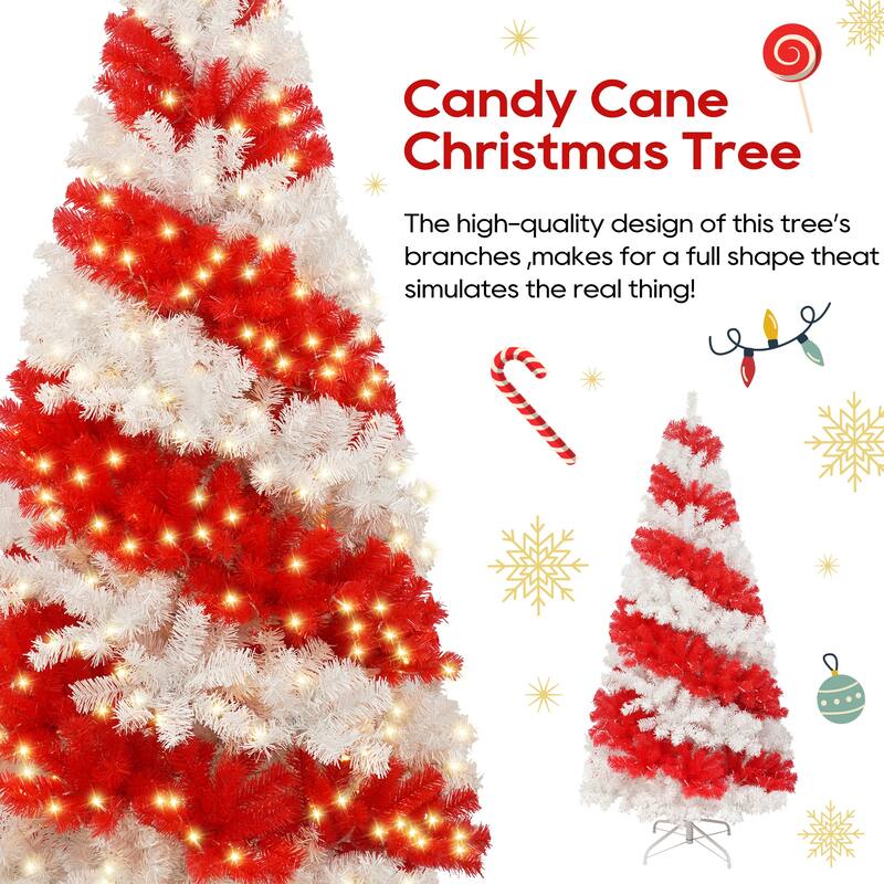 6ft Artificial Christmas Tree with 300 LED Lights and 900 Bendable Branches, Candy Cane Christmas Tree Holiday Decoration