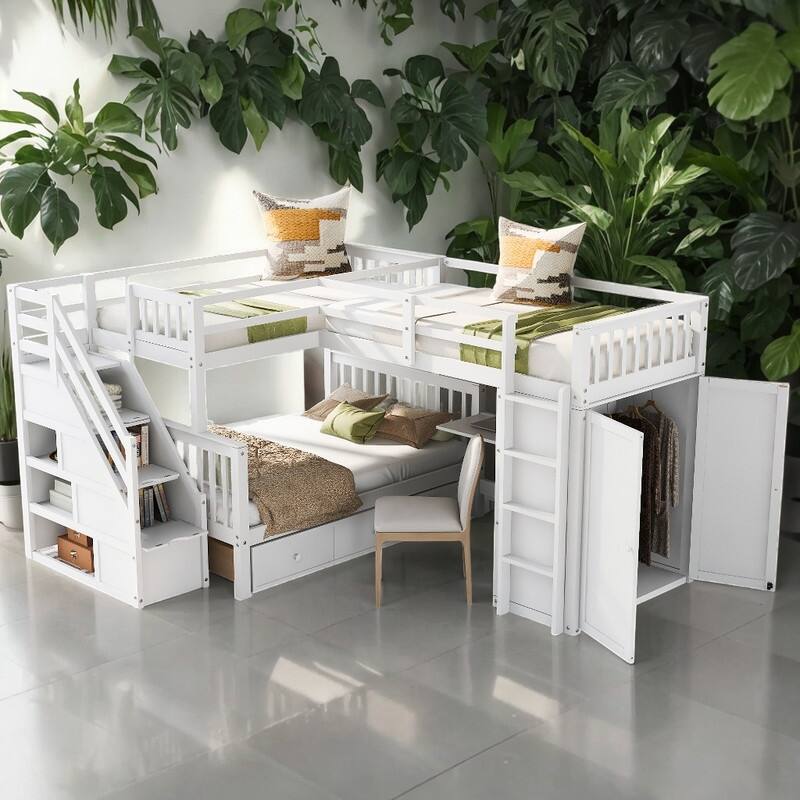 LShaped Triple Bunk Bed With 3 Drawers, Desk and Wardrobe, White On