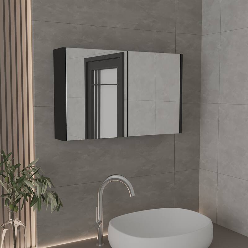 Wall-Mounted Bathroom Medicine Cabinet - 19.7" H, 31.5" W, 2 Mirrored Doors, 3 Shelves, Space-Saving Storage - 31.5X5.6 in - Black + Engineered Wood