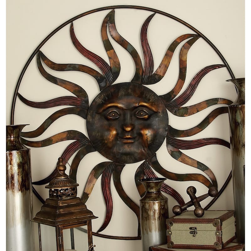 Brown Metal Indoor Outdoor Sun Home Wall Decor with Colorful Painted Accents - Brown
