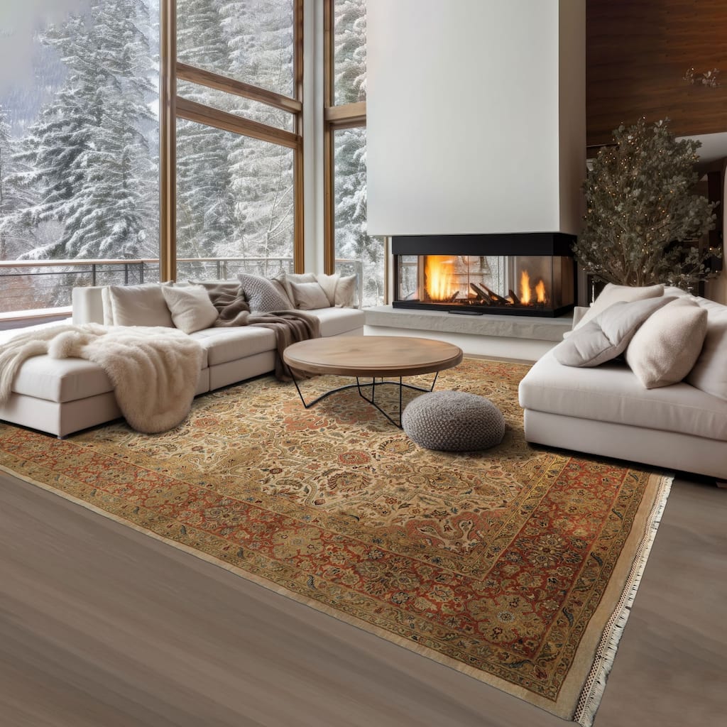 12'1''x15 Hand Knotted Wool Beige Agra Traditional Botanical Oriental Area Rug - 12' 1'' x 15'