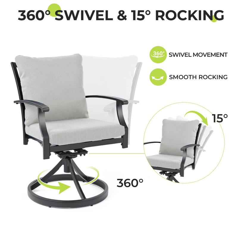 IvyGlow 7-Piece Black Metal Patio Dining Set with Rectangular Table, 2 Swivel Dining Chairs and Gray Cushions