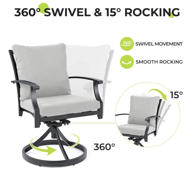 IvyGlow 7-Piece Black Metal Patio Dining Set with Rectangular Table, 6 Swivel Dining Chairs and Gray Cushions