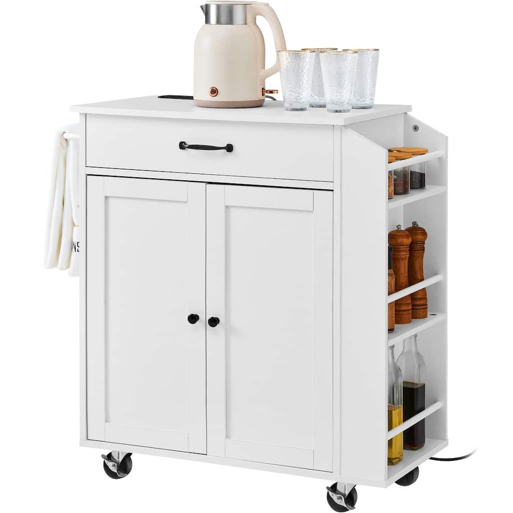 White MDF Kitchen Rolling Island Cart Storage Cabinet with Charging Station and 1 Adjustable Shelf - 32x15x34 inch
