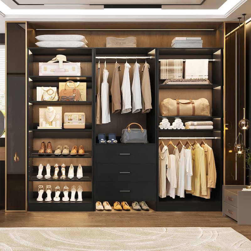 Set of 3 Closet Organizer with Drawers and Shoe Rack, Freestanding Closet System for Bedroom or Walk-in Closet - Black