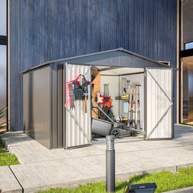 GDFStudio - Genevieve 10X8 FT Outdoor Metal Storage Shed with Lockable Doors for Garden and Backyard Organization - 10X8 FT