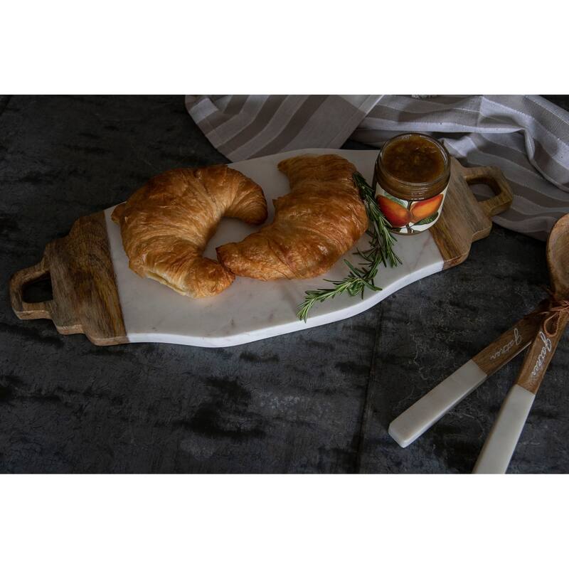 Foreside Home & Garden White Marble and Wood Handled Kitchen Serving Cutting Board