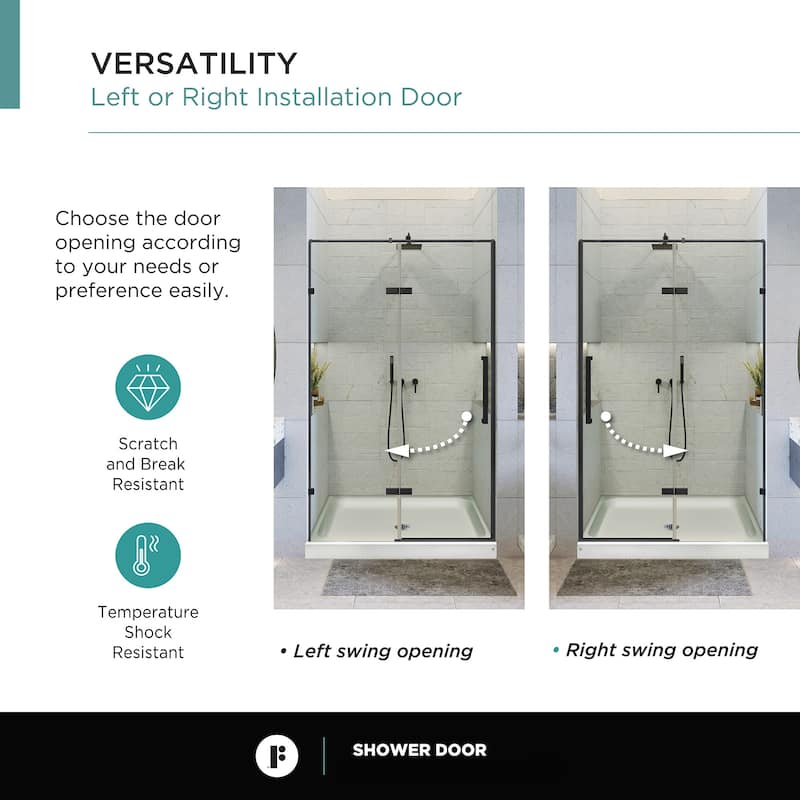 Fine Fixtures Hinged Clear Frameless Glass Shower Door Enclosure