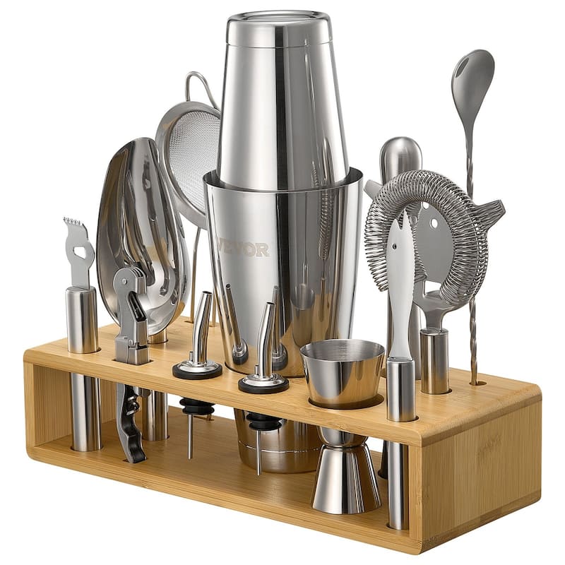 Complete 13 Pcs Bartender Kit Stainless Steel Shaker Set with Cocktail Cards - 12.01 x 4.53 x 11.22 in - Silver-Natural