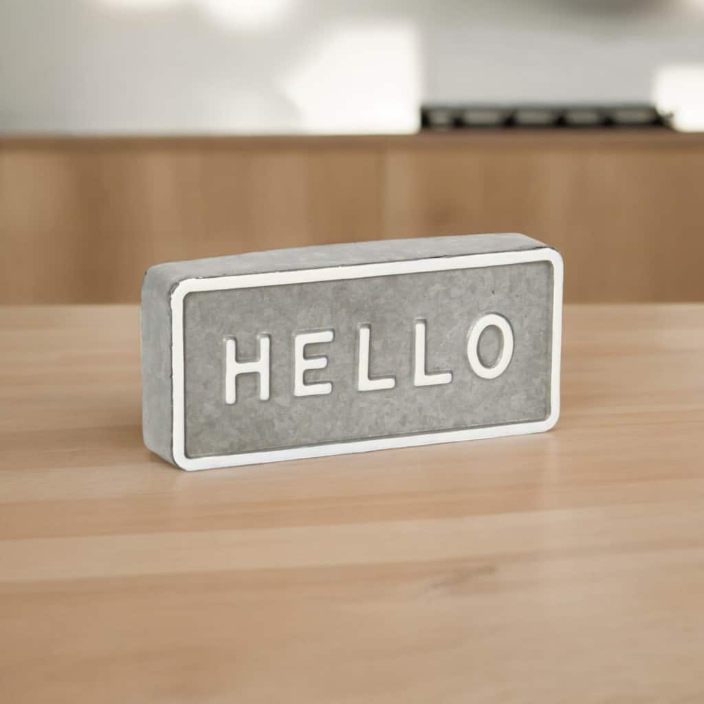Sandevis Gray and White Metal "Hello" Table Sign