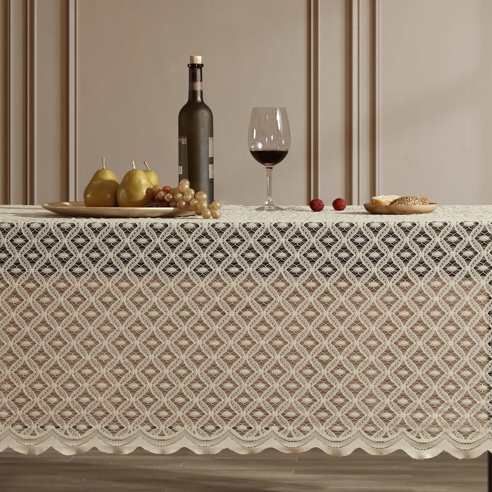 HLC.me Alona Lace Fabric Tablecloth for Rectangle & Round Tables, Wrinkle Resistant, Patterned Scalloped