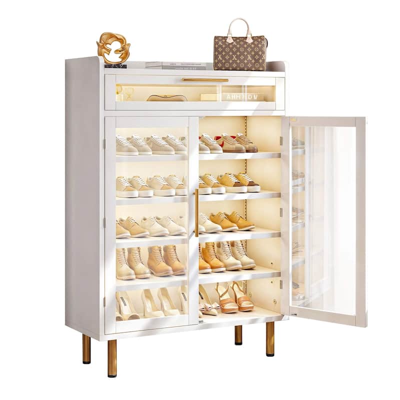 Moasis 22 Pairs Shoe Storage Cabinet with Door & LED Lights, 6-Tier Shoes Rack for Entryway - White