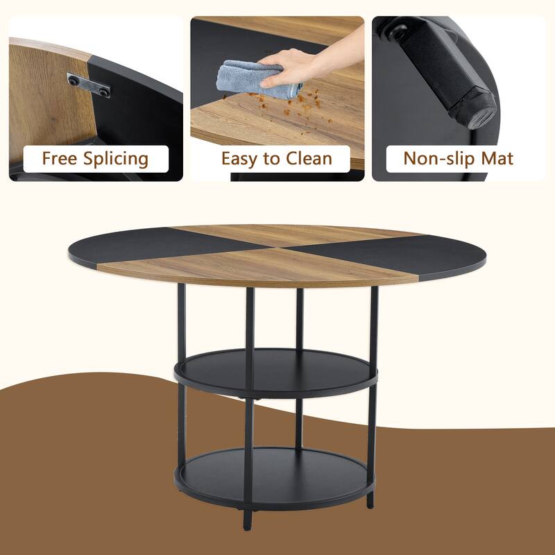 Roomfitters 47 Inch Round Dining Table with Double-Layer Storage and Diagonal Wood Black Top for Modern Spaces, Black+Wood