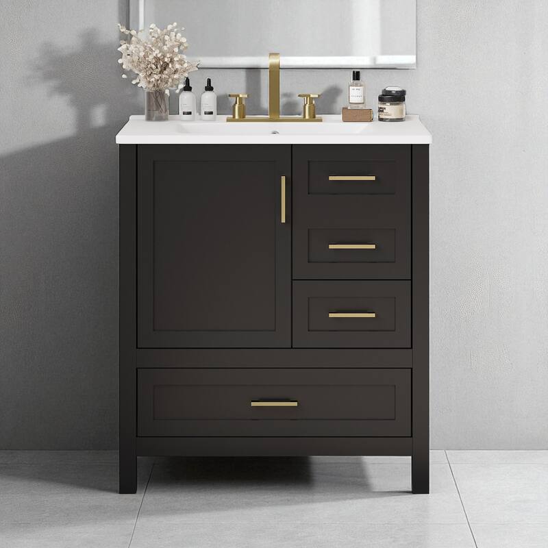 30" Bathroom Vanity with Ceramic Sink, Soft-Close Doors & Drawers, Solid Wood Frame, Modern Storage Cabinet - Black