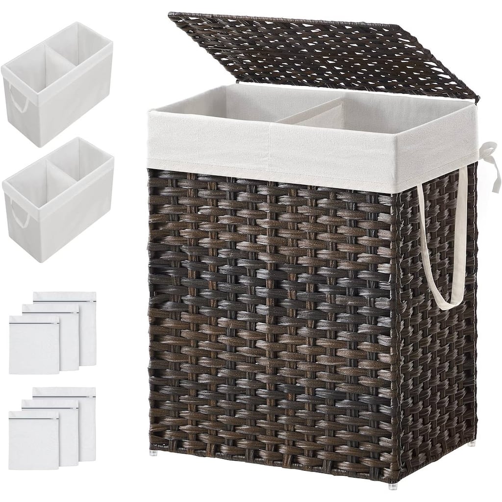 Brown Plastic Rattan Laundry Hamper with Dual Compartments, Liners and Bag - 13”L x 18.1”W x 23.6”H (33 x 46 x 60 cm)