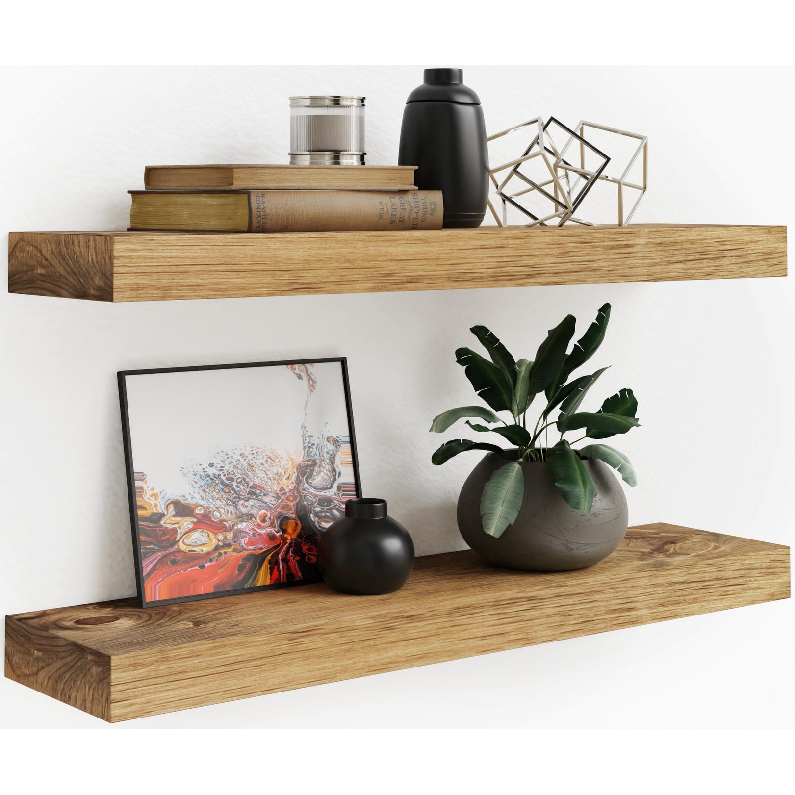 UniForU Wood Floating Shelves 4 in 1 Mounted (L 16 x W 6 inches) Storage Shelves for Kitchen, Bathroom, Bedroom, Living Room. Set of 2 with 5